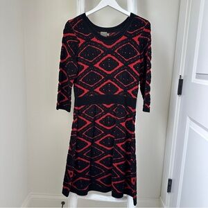 Taylor Fit and Flare Black and Red Geometric Long Sleeve Sweater Dress Size L
